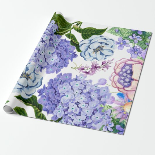 Waterverf Paars, roze, blauwe tuinbloemen Cadeaupapier (Uitgerold)