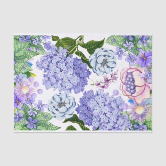 Waterverf Paars, roze, blauwe tuinbloemen Tissuepapier (Voorkant)