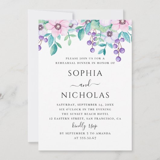 Waterverf paars roze florale repetitie diner kaart (Voorkant)