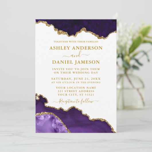 Waterverf Paars White Gold Marble Geode Foto Kaart (Staand voorkant)