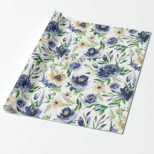 Waterverf paarsblauwe bloemenpatroon cadeaupapier