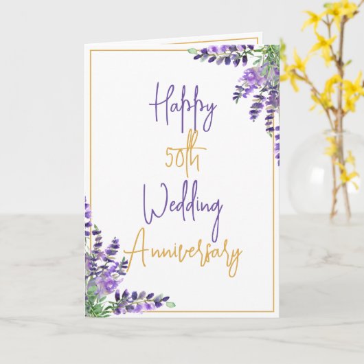 Waterverf Paarse 50ste bruiloft Jubileum Kaart (Gele Bloem)