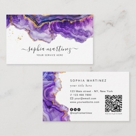 Waterverf Paarse Agaat goud glitters & QR Code Visitekaartje (Voorkant / Achterkant)