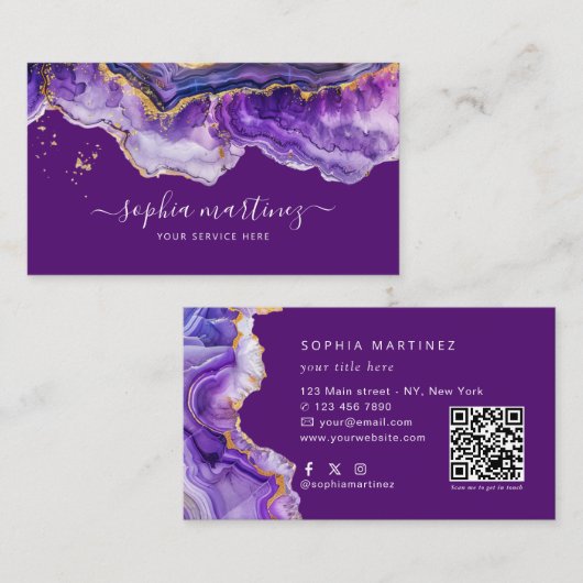 Waterverf Paarse Agaat goud glitters & QR Code Visitekaartje (Voorkant / Achterkant)