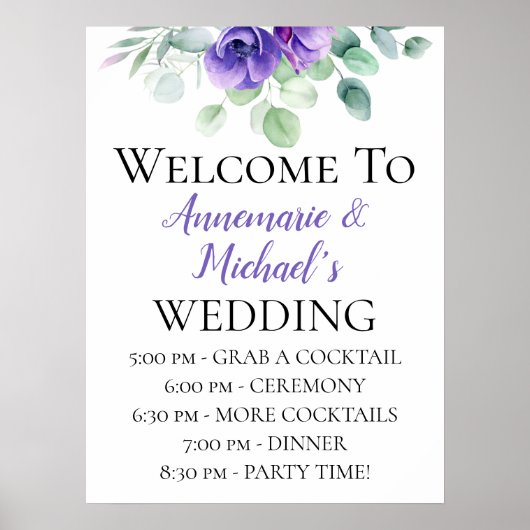 Waterverf Paarse Anemones Weddenschap Welkom Poster (Voorkant)