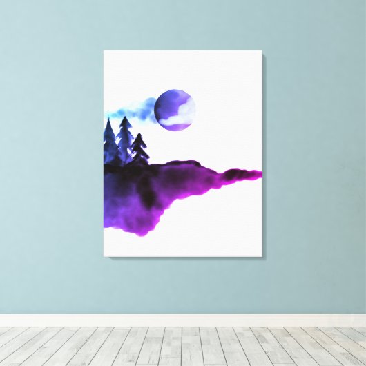 Waterverf Paarse bergen Moon Pine Trees Canvas Afdruk (Insitu (Houten vloer))