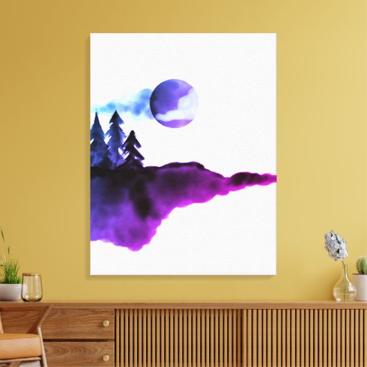 Waterverf Paarse bergen Moon Pine Trees Canvas Afdruk (Insitu (Woonkamer))