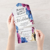 Waterverf Paarse Blauwe Bloemen Elegante bruiloft All In One Uitnodiging (Afscheurbaar)