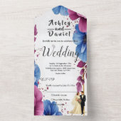 Waterverf Paarse Blauwe Bloemen Elegante bruiloft All In One Uitnodiging (Binnen)