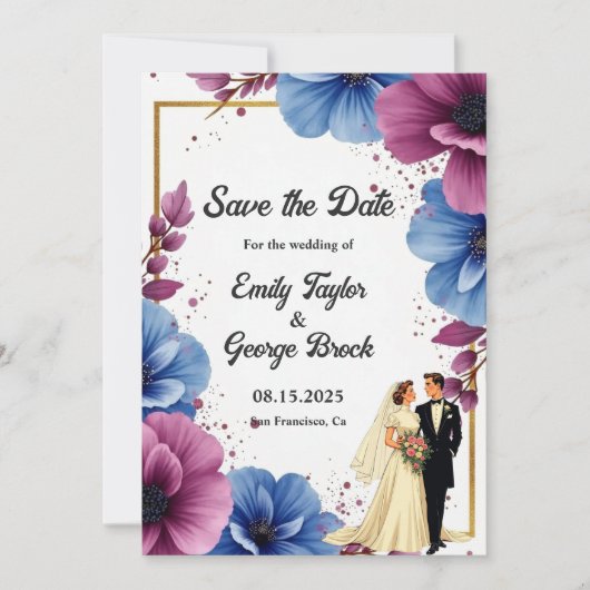 Waterverf Paarse Blauwe Bloemen Elegante bruiloft Save The Date (Voorkant)