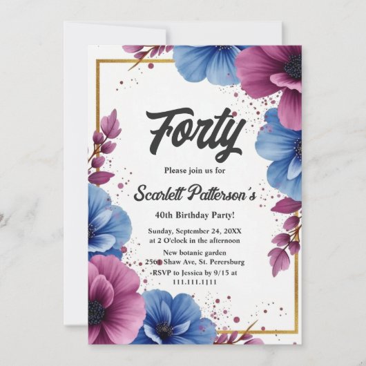 Waterverf Paarse Blauwe Bloemen Elegante Verjaarda Kaart (Voorkant)