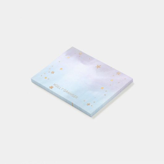 Waterverf Paarse blauwe gouden sterren | Naam mono Post-it® Notes (Schuin)