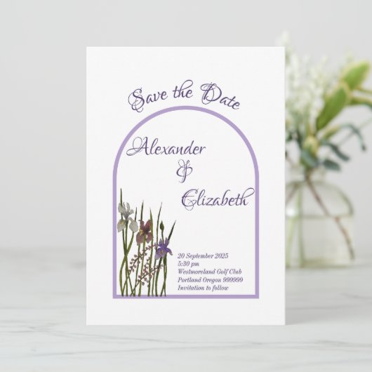 Waterverf Paarse & Blauwe Iris Bewaar de Datum Kaart (Staand voorkant)