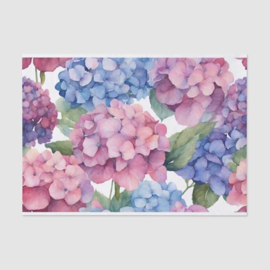 Waterverf Paarse, Blauwe, Roze Hydrangea Flowers Tissuepapier (Voorkant)