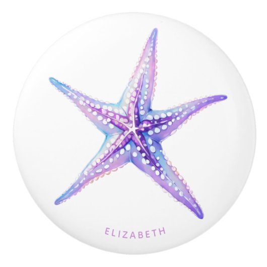 Waterverf Paarse Blauwe Strand Zeesterren Kust Keramische Knop (Voorkant)