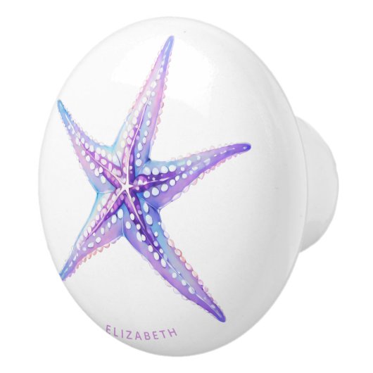 Waterverf Paarse Blauwe Strand Zeesterren Kust Keramische Knop (Rechts)