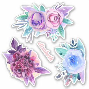 Waterverf paarse blauwe tuinbloemen. Roze bloemen Sticker