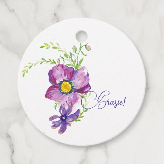 Waterverf Paarse Bloem en Groene Bladeren Grazie Bedankjes Labels (Voorkant)