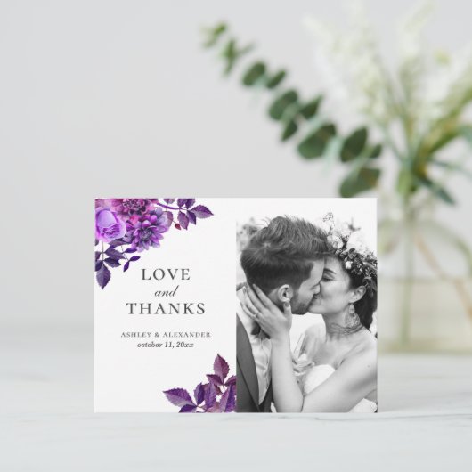 Waterverf paarse bloem. Floral bruiloft dank u Briefkaart (Staand voorkant)