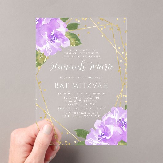 Waterverf Paarse Bloem Gouden Bat Mitzvah Acryl Uitnodigingen (Insitu (Draagbaar))