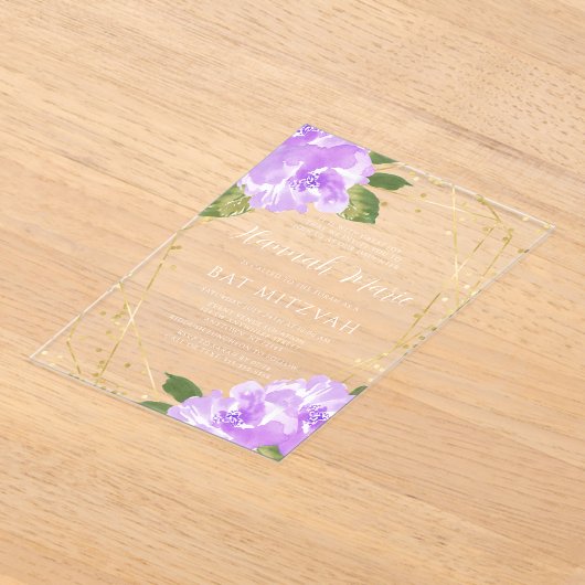 Waterverf Paarse Bloem Gouden Bat Mitzvah Acryl Uitnodigingen (Laagn)