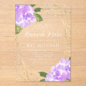 Waterverf Paarse Bloem Gouden Bat Mitzvah Acryl Uitnodigingen (Voorkant)