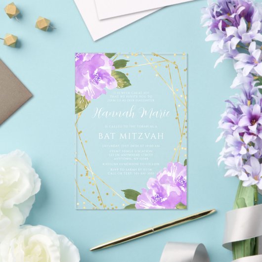 Waterverf Paarse Bloem Gouden Bat Mitzvah Acryl Uitnodigingen (Insitu (Huwelijk))