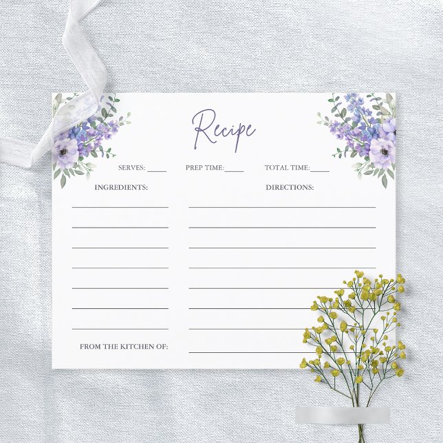Waterverf Paarse Bloem Vrijgezellenfeest Recept Ka (Watercolor Purple Flower Bridal Shower Recipe Card)