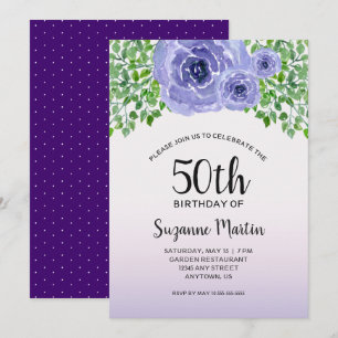 Waterverf Paarse Bloemen   50ste Verjaardagsfeestj Kaart