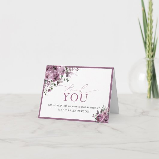Waterverf paarse bloemen 80ste verjaardag dank u bedankkaart (Voorkant)