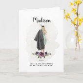 Waterverf Paarse Bloemen Afstuderen Blond Meisje Kaart (Gele Bloem)