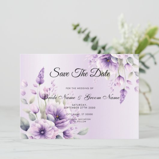 Waterverf Paarse Bloemen Bewaar de datum Save The Date (Staand voorkant)