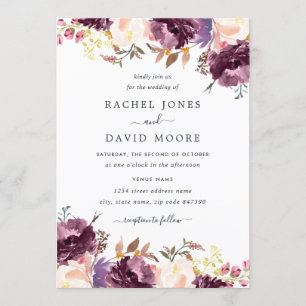 Waterverf Paarse Bloemen Bloem Huwelijksuitnodigin Kaart