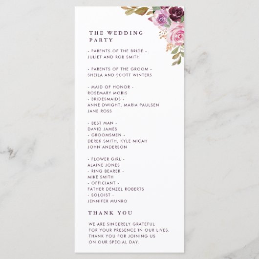 Waterverf paarse bloemen bruiloft programma programmakaart (Achterkant)