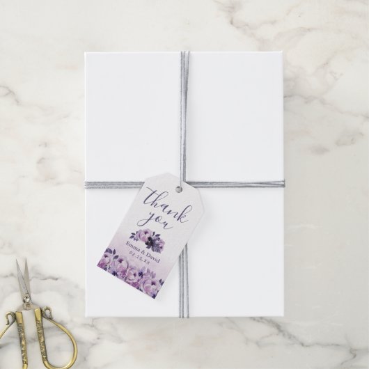 Waterverf Paarse Bloemen Elegante Trouwgunst Cadeaulabel (Met Touw)