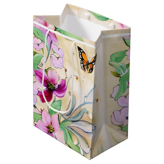 Waterverf paarse bloemen en vlinder medium cadeauzakje (Voorkant Gekanteld)