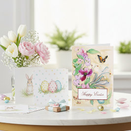 Waterverf paarse bloemen en vlinder Pasen Feestdagen Kaart