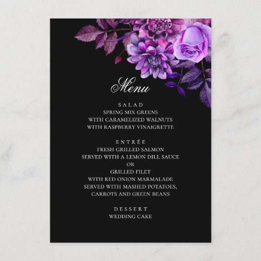 Waterverf paarse bloemen. Floral zwarte bruiloft Menu (Voorkant)