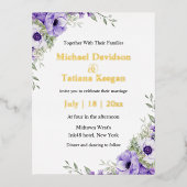waterverf paarse Bloemen Goud Moderne bruiloft Folie Uitnodiging Briefkaart (Voorkant)