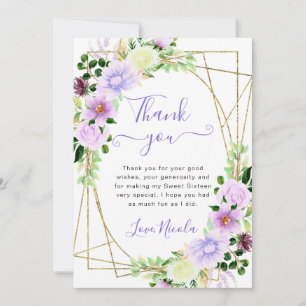 Waterverf Paarse Bloemen Gouden Frame Sweet 16 Bedankkaart