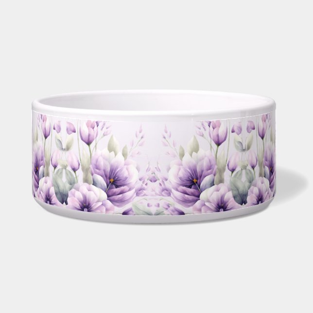 Waterverf Paarse Bloemen Keramische Pet Bowl Voerbakje (Voorkant)