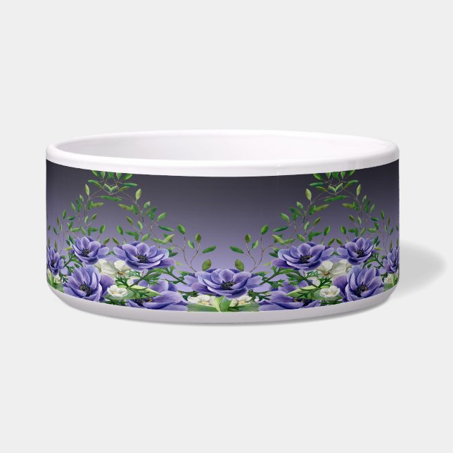 Waterverf Paarse Bloemen Keramische Pet Bowl Voerbakje (Voorkant)
