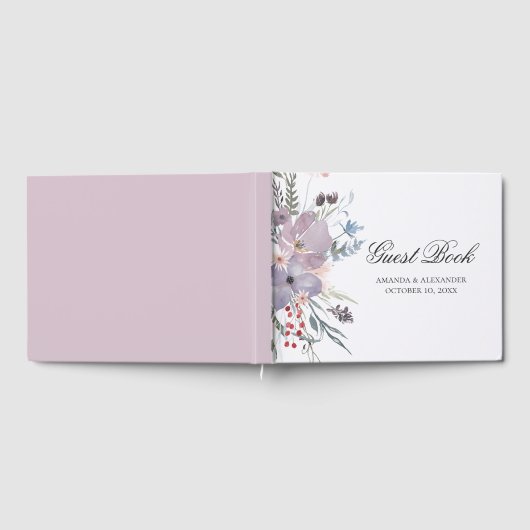 Waterverf paarse bloemen. Lavendel bloemenbruiloft Gastenboek (Volledig)