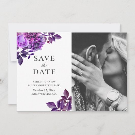 Waterverf paarse bloemen. Lila bloemfoto Opslaan Save The Date (Voorkant)