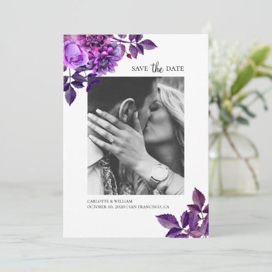 Waterverf paarse bloemen. Lila bloemfoto Save The Date (Staand voorkant)