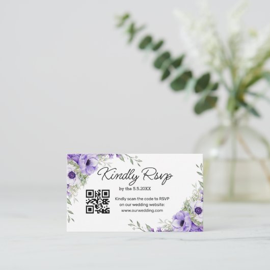 waterverf paarse Bloemen RSVP bruiloft QR-code Informatiekaartje (Staand voorkant)