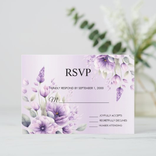 Waterverf Paarse Bloemen RSVP-kaart RSVP Kaartje (Staand voorkant)