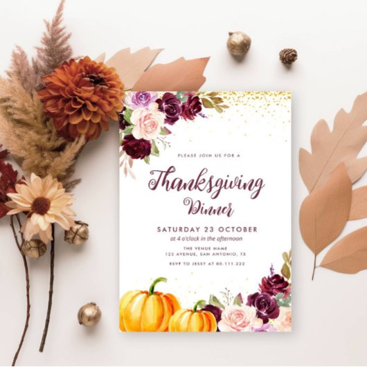 Waterverf paarse bloemen Thanksgiving diner Kaart