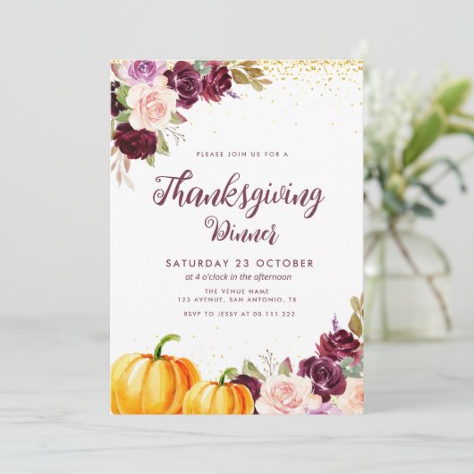 Waterverf paarse bloemen Thanksgiving diner Kaart (Staand voorkant)