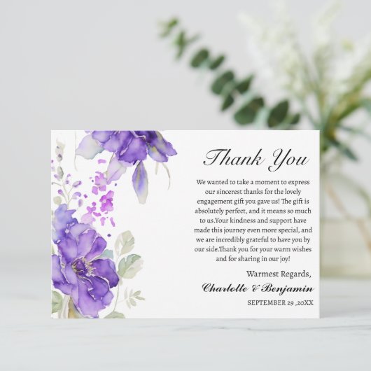 Waterverf Paarse Bloemen Verloving Cadeau Bedankkaart (Staand voorkant)